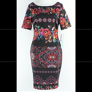 Black, red, pink, floral spandex dress